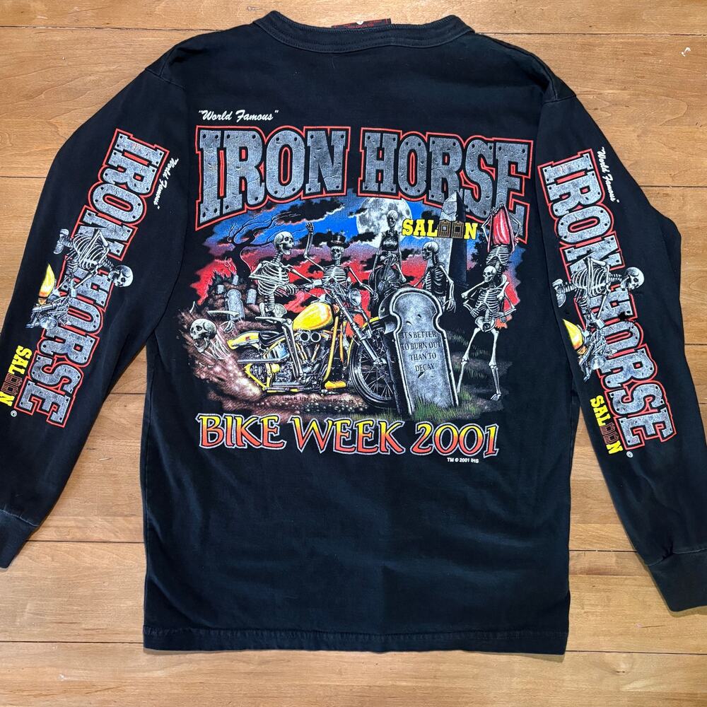 Vintage 2001 Iron Horse Saloon Bike Week Long Sleeve Shirt Black Biker Skulls